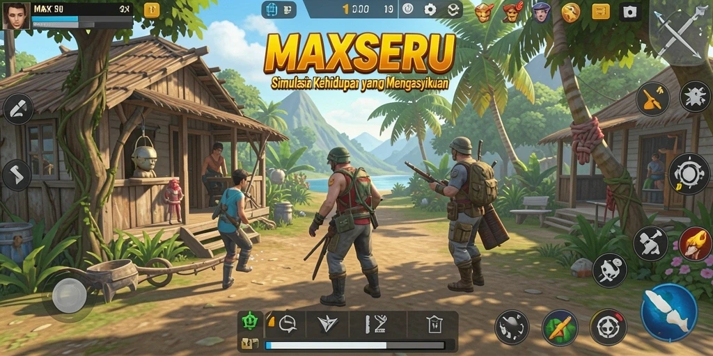 Tampilan gameplay MAXSERU yang menampilkan simulasi kehidupan yang menarik.
