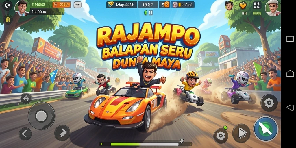 Screenshot gameplay RAJAMPO menampilkan aksi balapan yang mendebarkan.