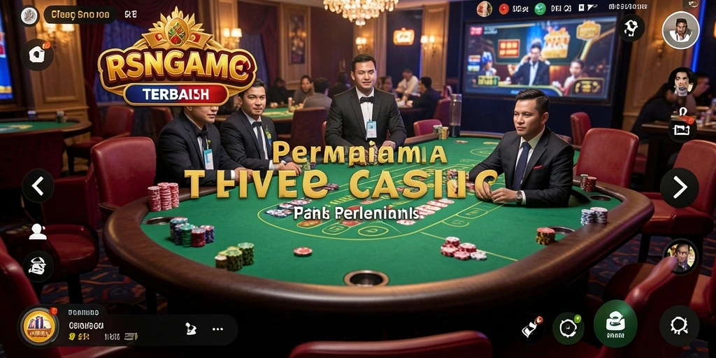 Tampilan utama RSNGAME dengan dealer langsung dan suasana casino yang menyenangkan.