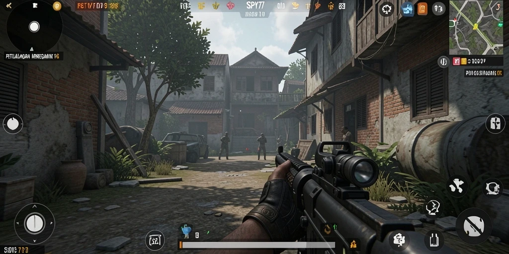 Tampilan gameplay menegangkan di SPY77 dengan aksi TPS.