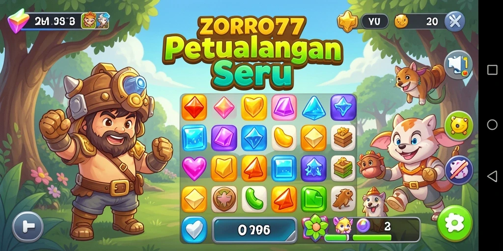 Tampilan gameplay ZORO77 dengan aksi mencocokkan item Match-3.